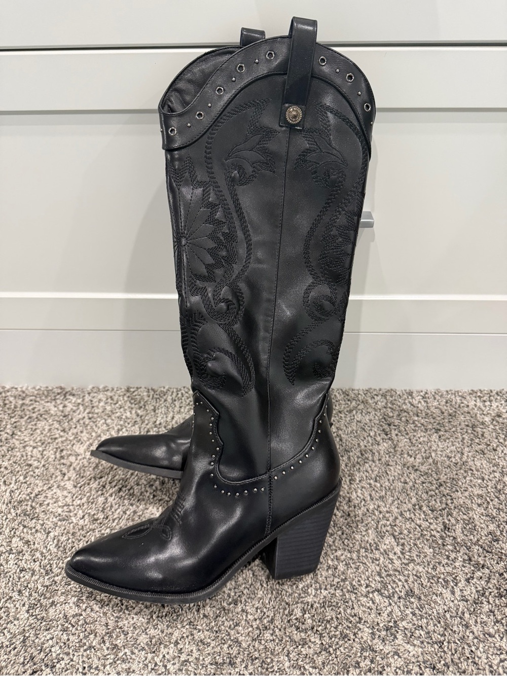 TOP Moda Black Pointed-Toe Studded Western Knee Boots - Picture 2 of 10